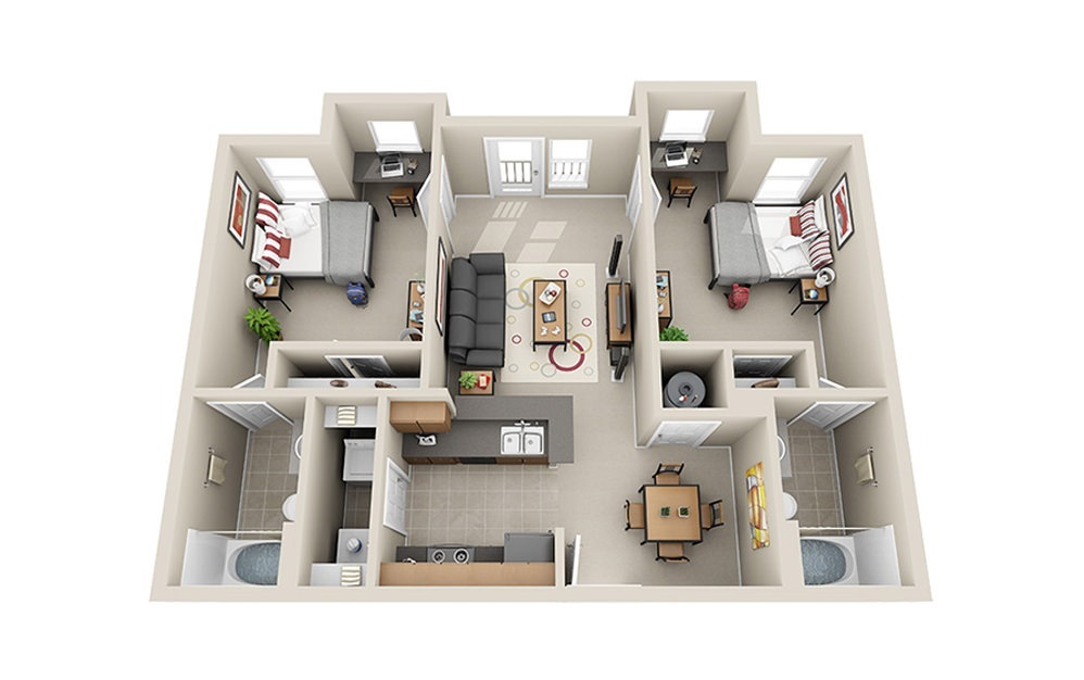 Two Bed Two Bath - 2 bedroom floorplan layout with 2 baths and 834 square feet.